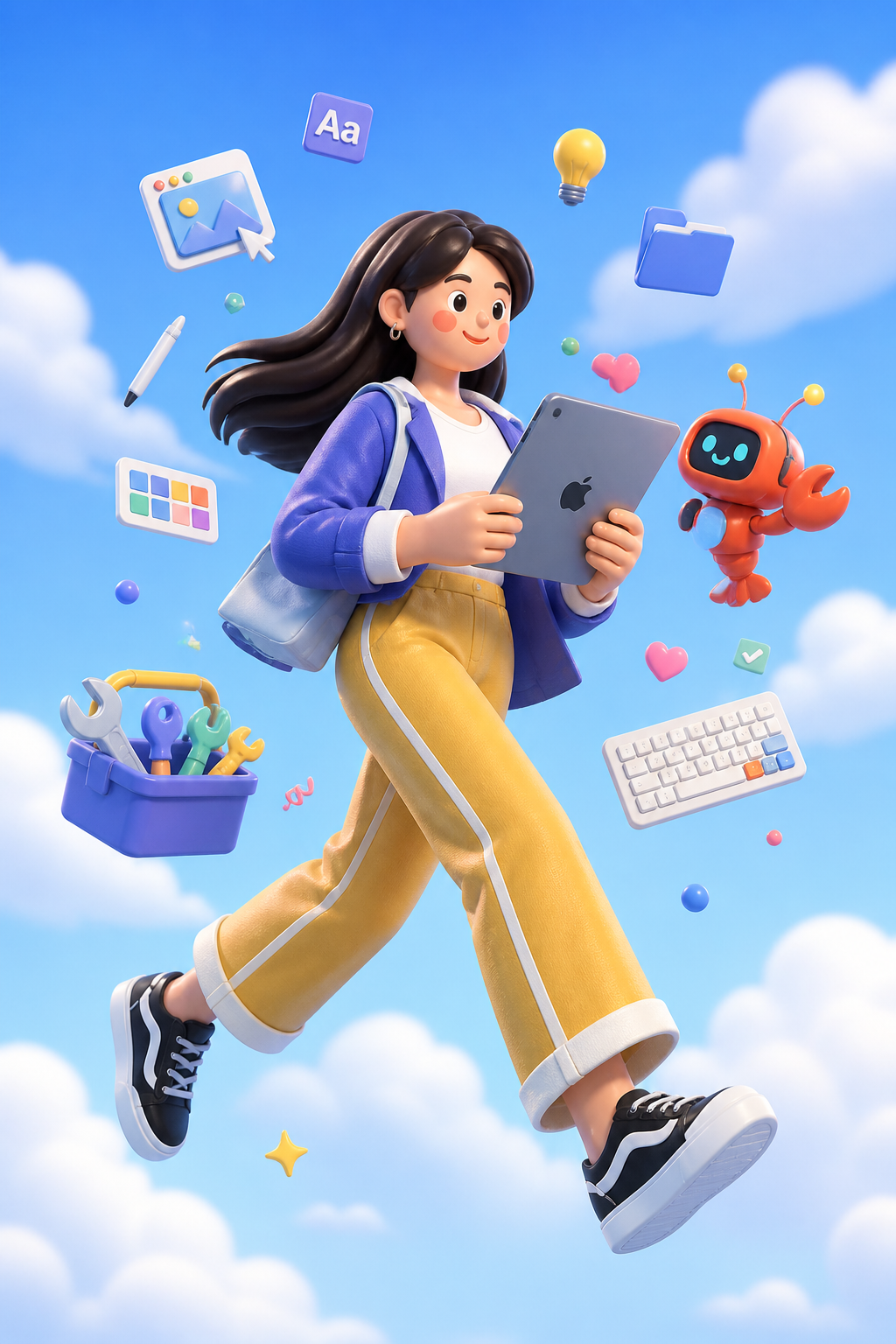 3D creator holding a tablet with floating workflow tools in a blue sky